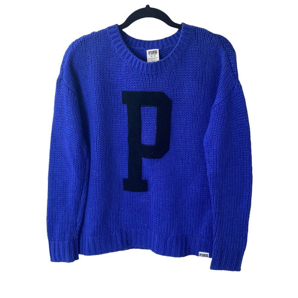 PINK Victoria's Secret Royal Blue Knit Crewneck Sweater with Black 'P'